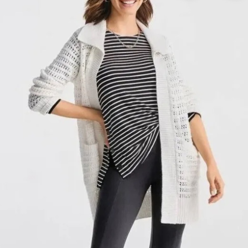 CAbi Open Stitch Cardigan White